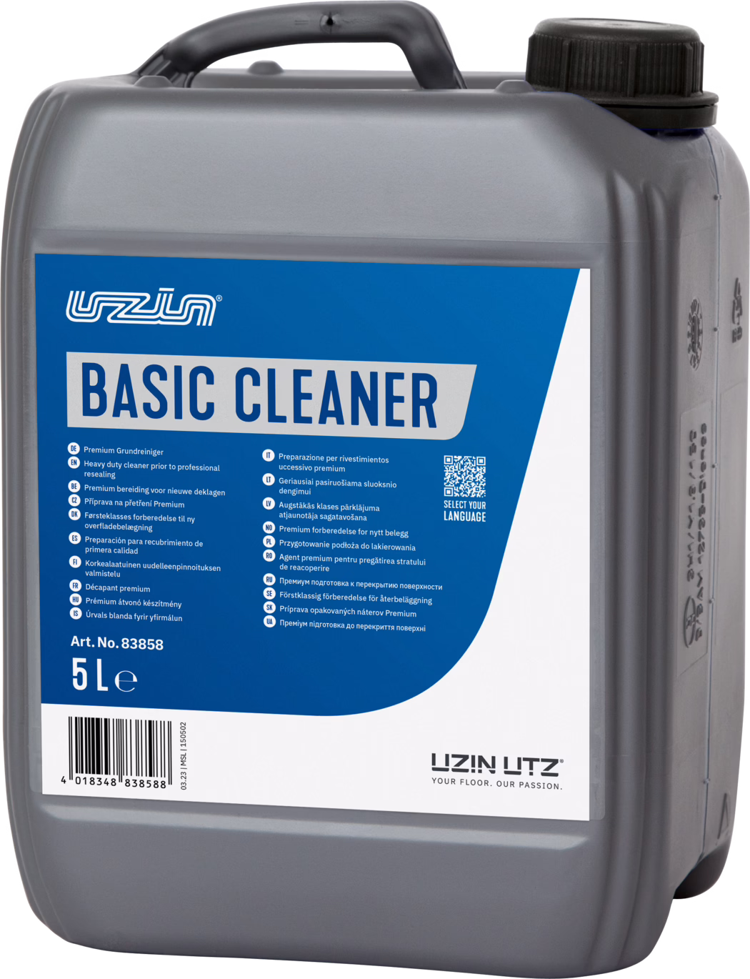 UZIN_Dummy_Basic Cleaner-5l_2023-12 Vue rapprochée d'un bidon en plastique gris de 5 litres avec une étiquette bleue et blanche indiquant « BASIC CLEANER ». Le bidon possède une poignée intégrée et un bouchon à vis noir. L'étiquette comporte des informations multilingues, un QR code, la référence (Art. No. 83858) et un code-barres ; le logo de la marque « UZIN UTZ » est visible en bas. La surface du plastique présente des détails moulés et des repères de mesure. L'image est bien éclairée sur un fond clair et montre l'avant et le côté droit du contenant.