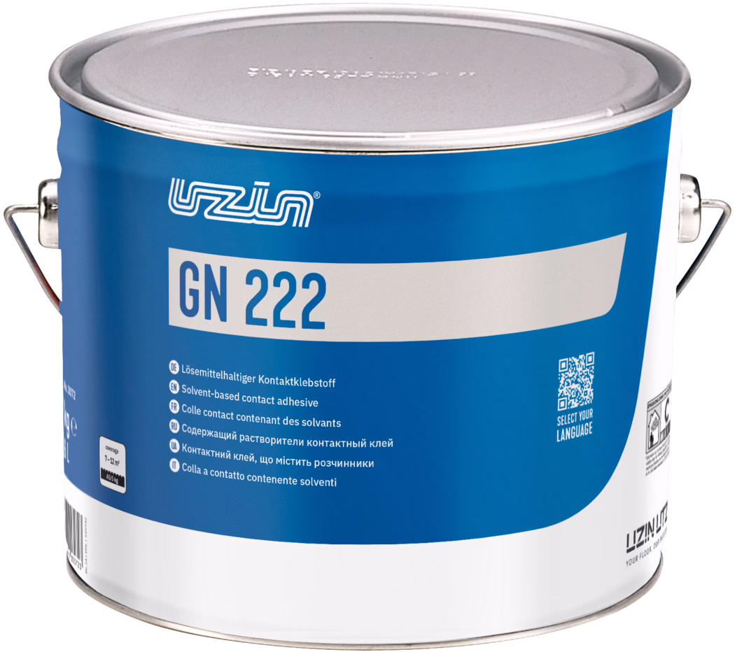 UZIN_Dummy_GN 222-5kg_INT_2024-06 Une boîte métallique cylindrique avec un couvercle argenté et des poignées, étiquetée 'UZIN GN 222'. L'étiquette bleu et blanc identifie le produit comme GN 222, une colle de contact contenant des solvants. L'avant montre le logo de la marque, le code produit GN 222 en caractères gras, des descriptions courtes multilingues indiquant 'colle de contact contenant des solvants', un QR code 'Select your language' et de petites indications sur la consommation et la sécurité. La boîte semble neuve et scellée, destinée à des usages pour revêtements de sol et applications industrielles.