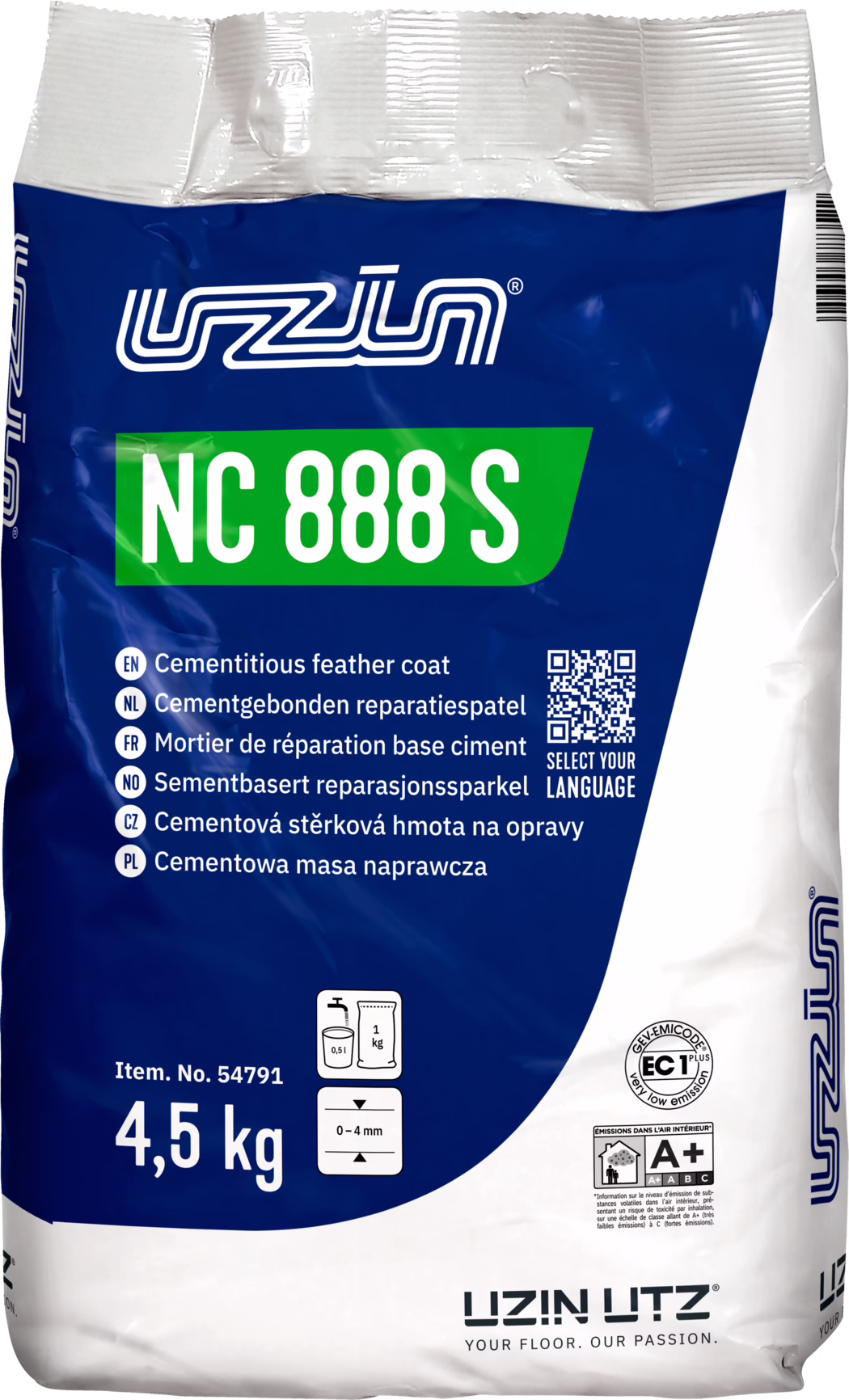 UZIN_Dummy_NC 888 S-4,5kg_INT_2025-09 Photo d'un sac de 4,5 kg UZIN NC 888 S, un enduit de lissage à base de ciment. L'emballage est bleu et blanc avec un bandeau vert NC 888 S et le logo UZIN en haut. On voit le nom du produit, des descriptions multilingues, un code QR 'Select your language', le numéro d'article 54791, un pictogramme de mélange (env. 0,5 l d'eau par 1 kg), épaisseur d'application 0–4 mm, certification EC1 Plus et label A+. Usage: mortier de réparation et de lissage pour sols. Le poids '4,5 kg' est imprimé en évidence. Le sac a des plis et un code-barres sur le bord droit.